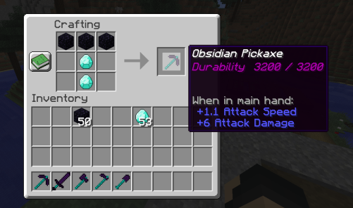 Crafting an obsidian pickaxe